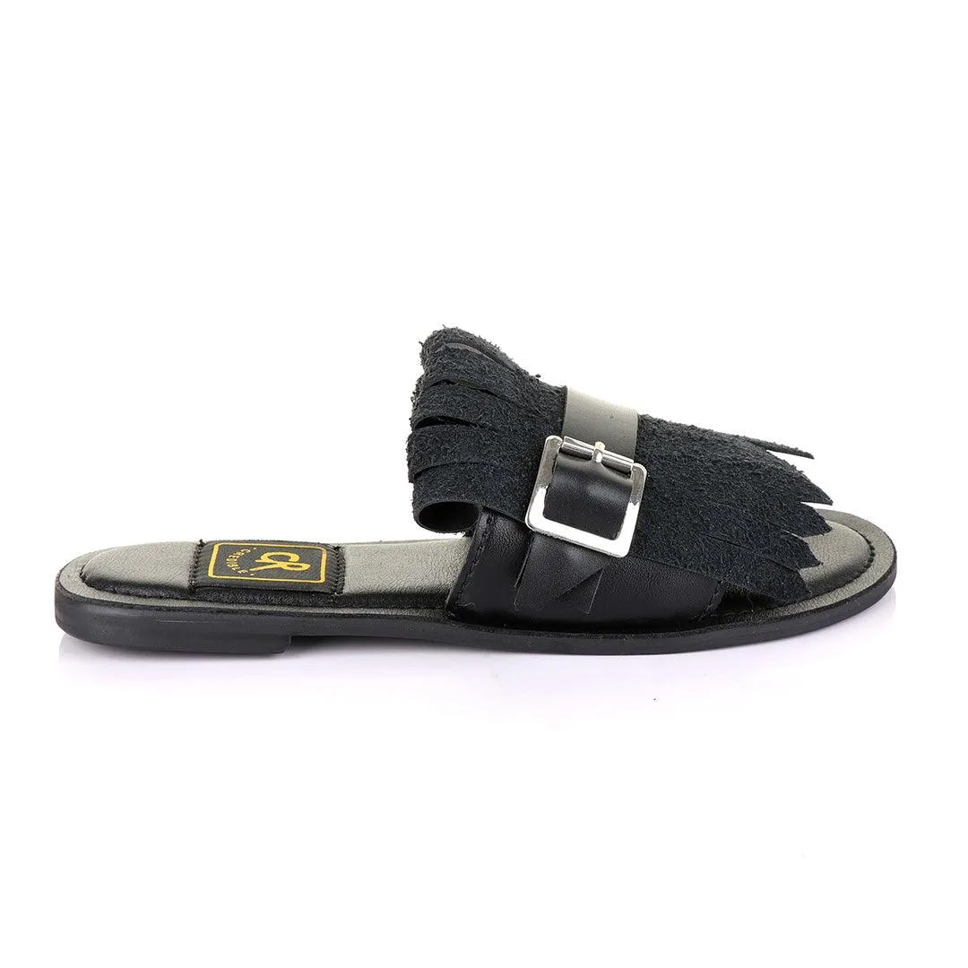 Credible Crown Black Head Unisex Leather Black Slippers