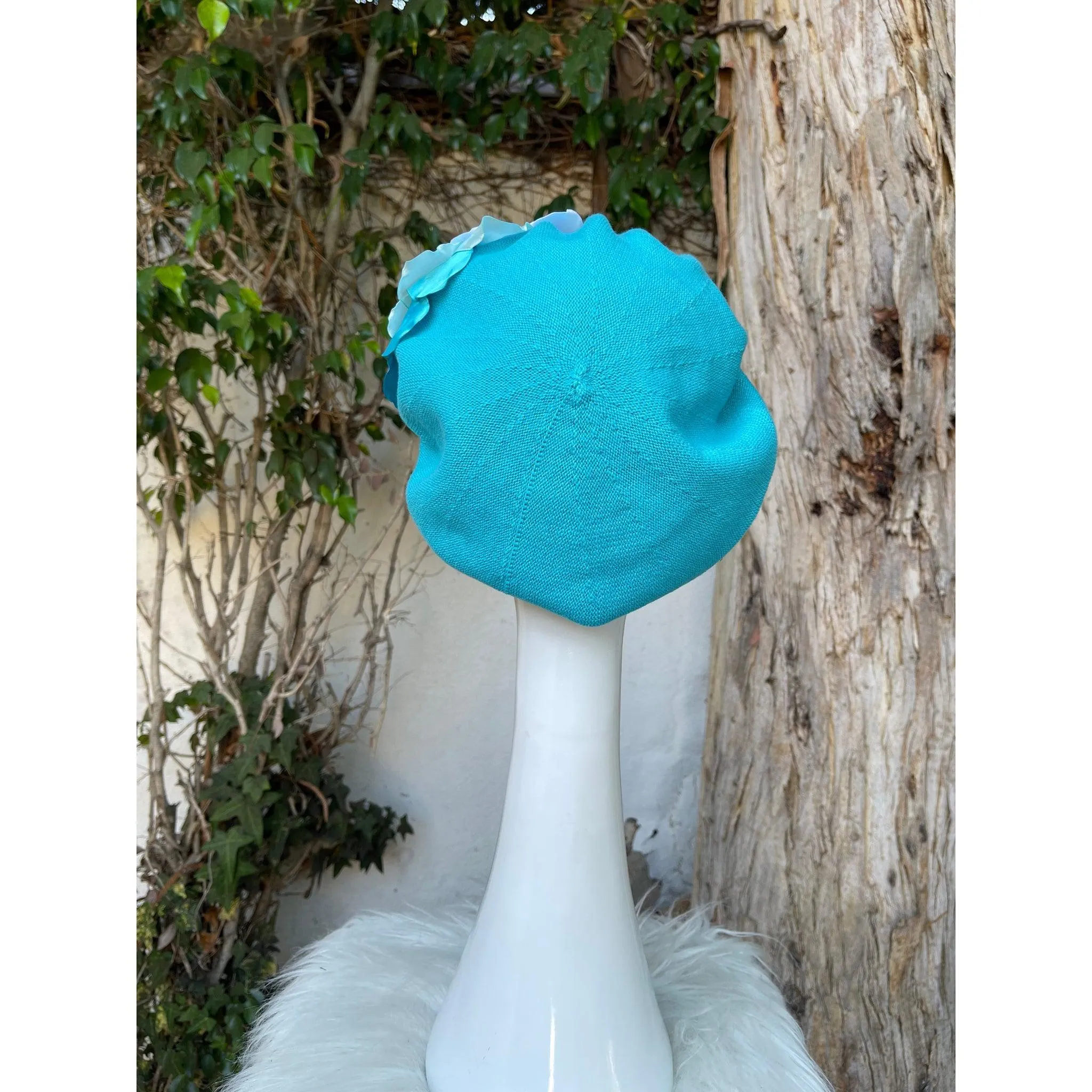 Embellished Cotton Beret - Medium/Large, Turquoise Flower