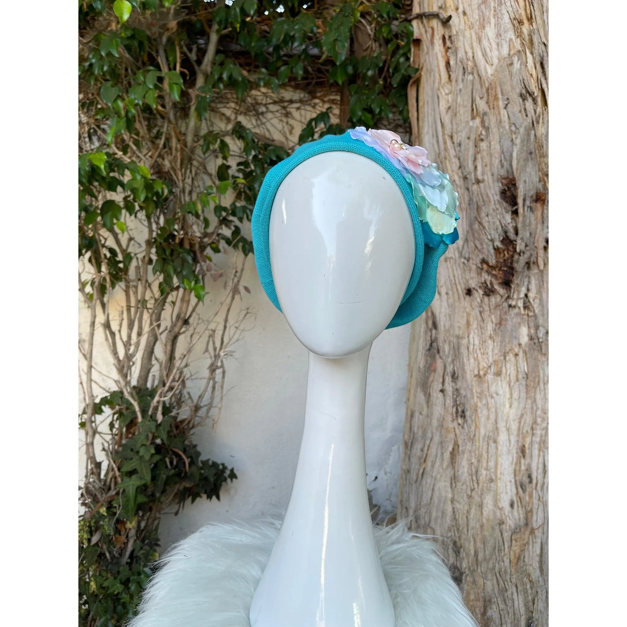 Embellished Cotton Beret - Medium/Large, Turquoise Flower