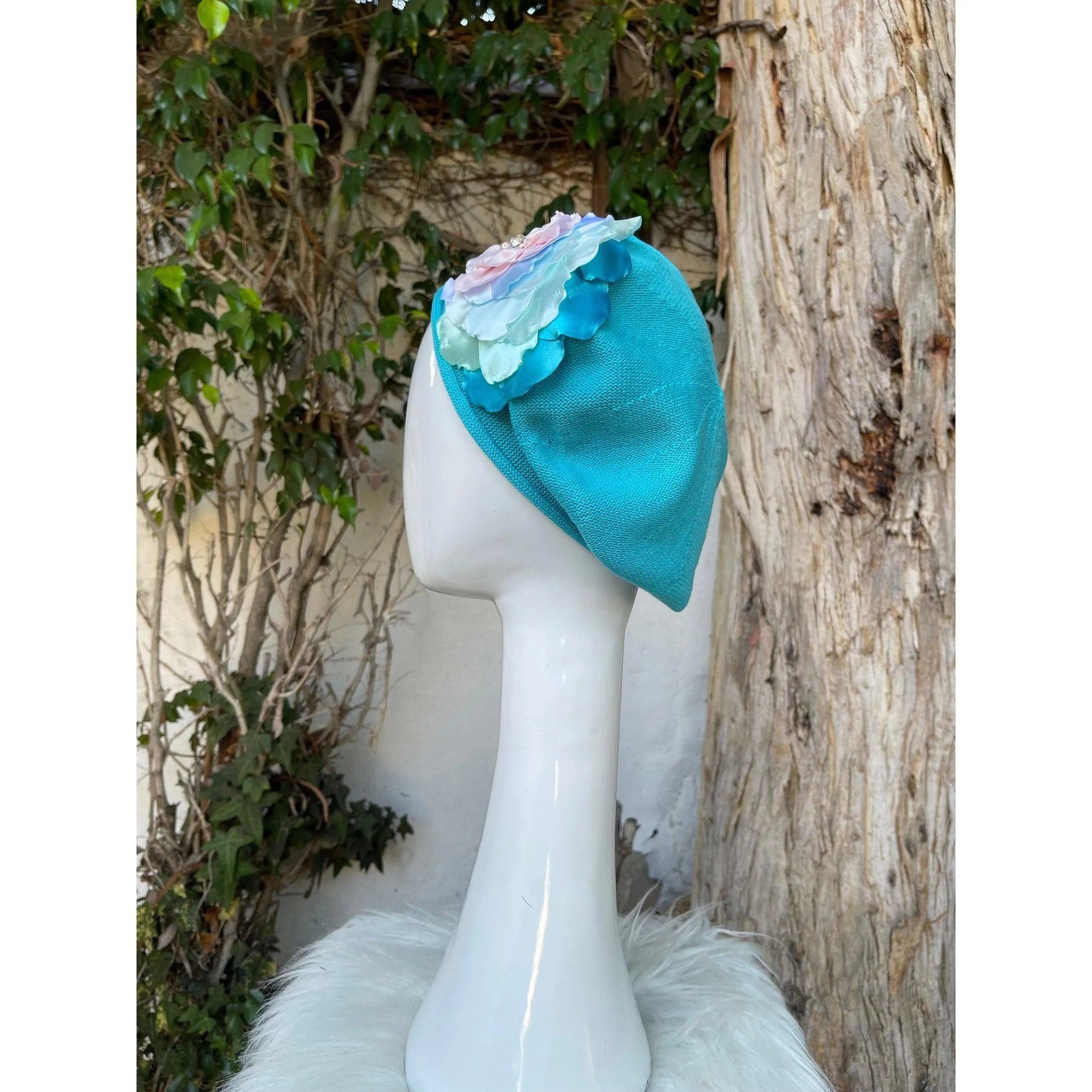Embellished Cotton Beret - Medium/Large, Turquoise Flower