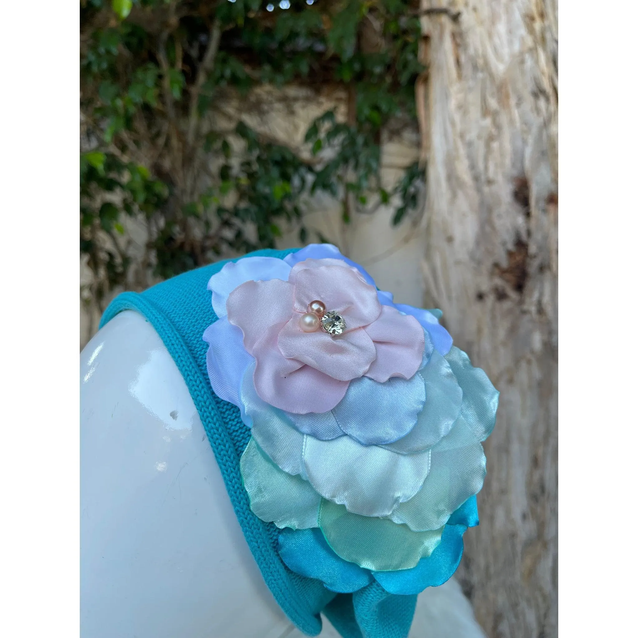 Embellished Cotton Beret - Medium/Large, Turquoise Flower