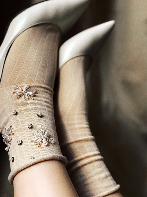 Embroidered Cotton Socks - Beige