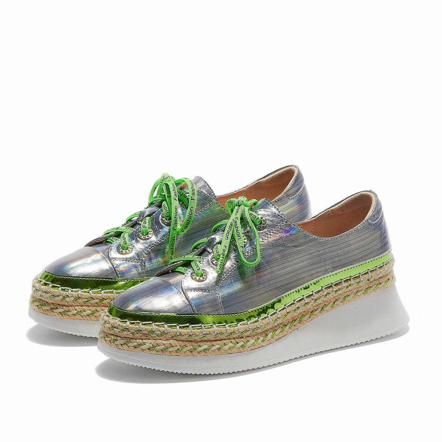 fashion shiny genuine leather mixed colors sneaker round toe thick bottom lace up maide new vulcanized shoes