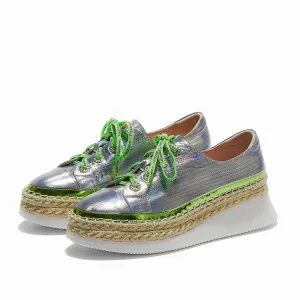 fashion shiny genuine leather mixed colors sneaker round toe thick bottom lace up maide new vulcanized shoes
