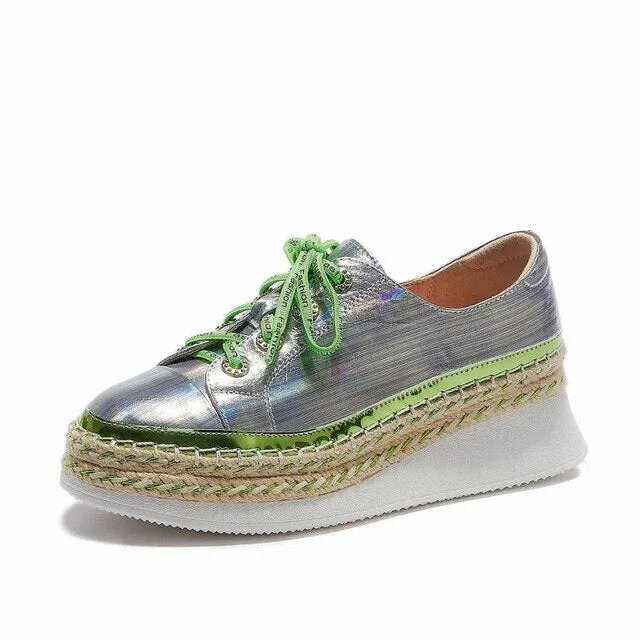 fashion shiny genuine leather mixed colors sneaker round toe thick bottom lace up maide new vulcanized shoes