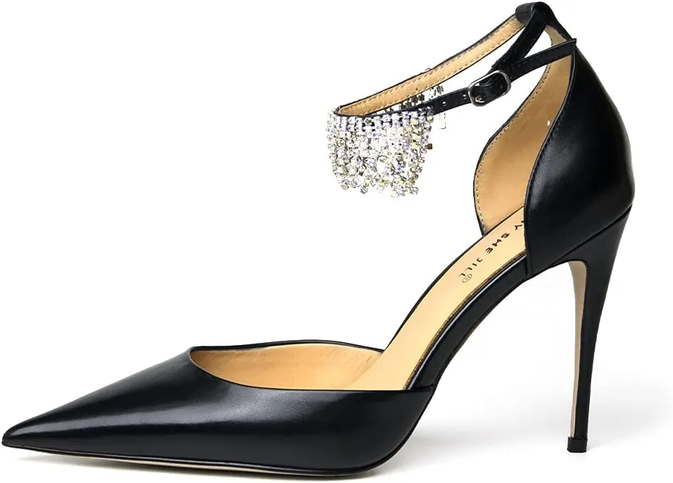 FSJ Women's Pointed Toe Stiletto High Heels Rhinestone Tassel Ankle Strap Leather Pumps Prom Party Dance Shoes Size 4-15 US