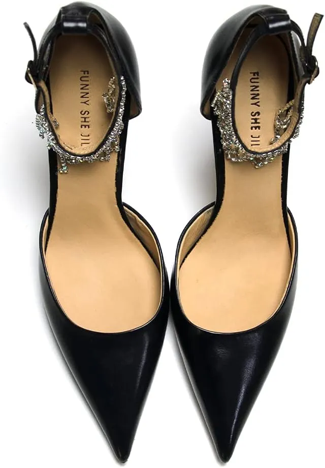 FSJ Women's Pointed Toe Stiletto High Heels Rhinestone Tassel Ankle Strap Leather Pumps Prom Party Dance Shoes Size 4-15 US
