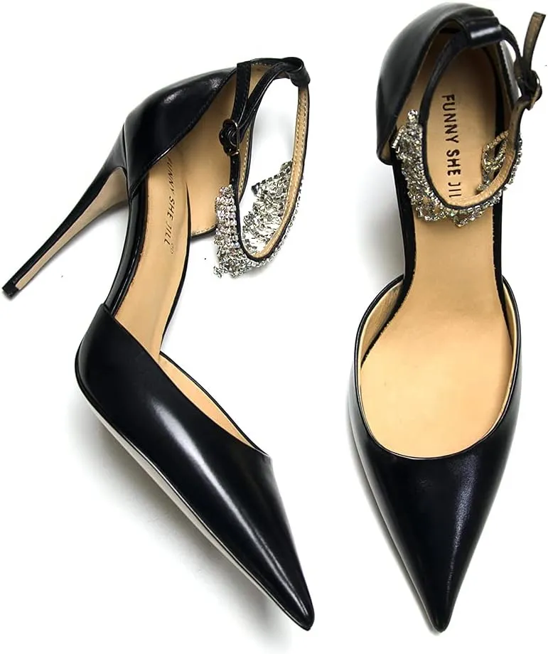 FSJ Women's Pointed Toe Stiletto High Heels Rhinestone Tassel Ankle Strap Leather Pumps Prom Party Dance Shoes Size 4-15 US