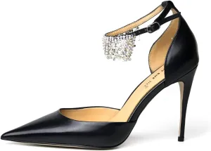 FSJ Women's Pointed Toe Stiletto High Heels Rhinestone Tassel Ankle Strap Leather Pumps Prom Party Dance Shoes Size 4-15 US