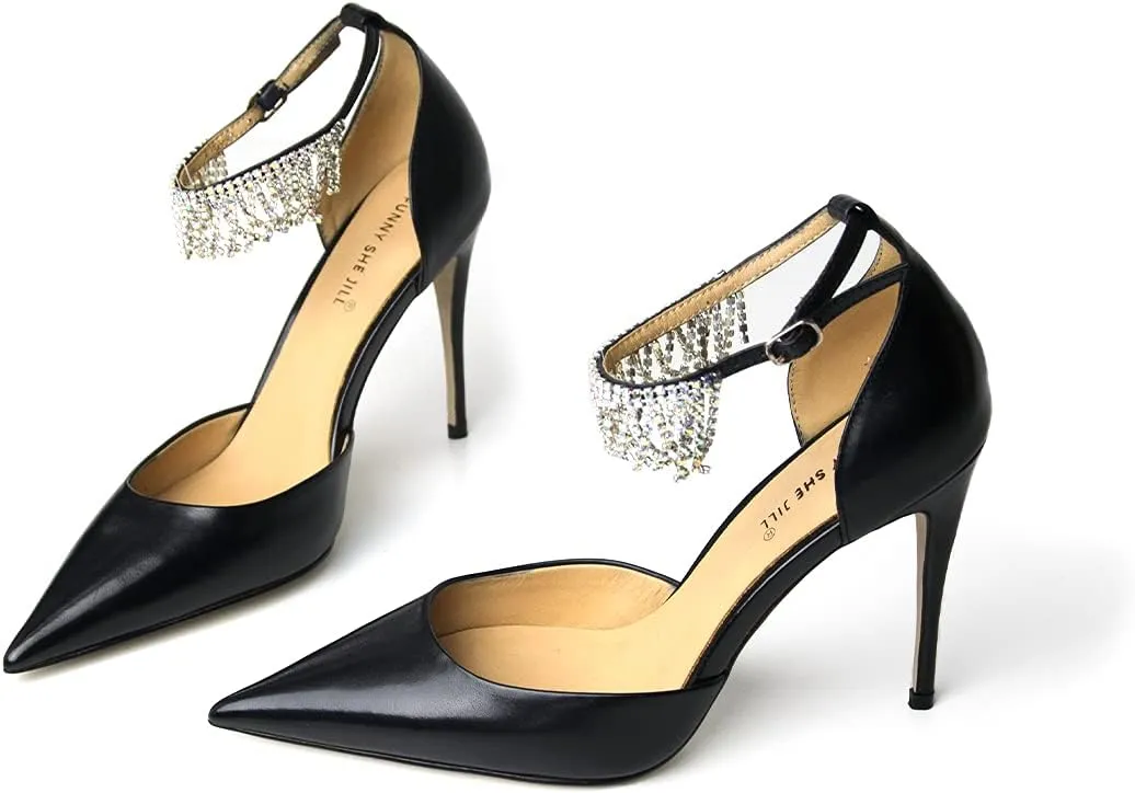 FSJ Women's Pointed Toe Stiletto High Heels Rhinestone Tassel Ankle Strap Leather Pumps Prom Party Dance Shoes Size 4-15 US