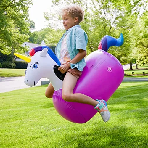 Hearthsong Hop 'n Go Inflatable Bouncing Ride-On, Set of 2, 48" L x 20" W x 36" H, Set of 2, Outdoor Play, Ages 5 and Up, Unicorns