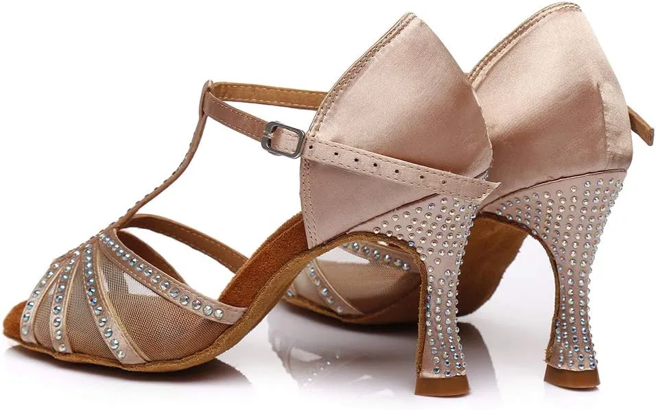 HIPPOSEUS Women's Professional Latin Dance Shoes Rhinestone Ballroom Salsa Performance Dance Shoes,Model L409