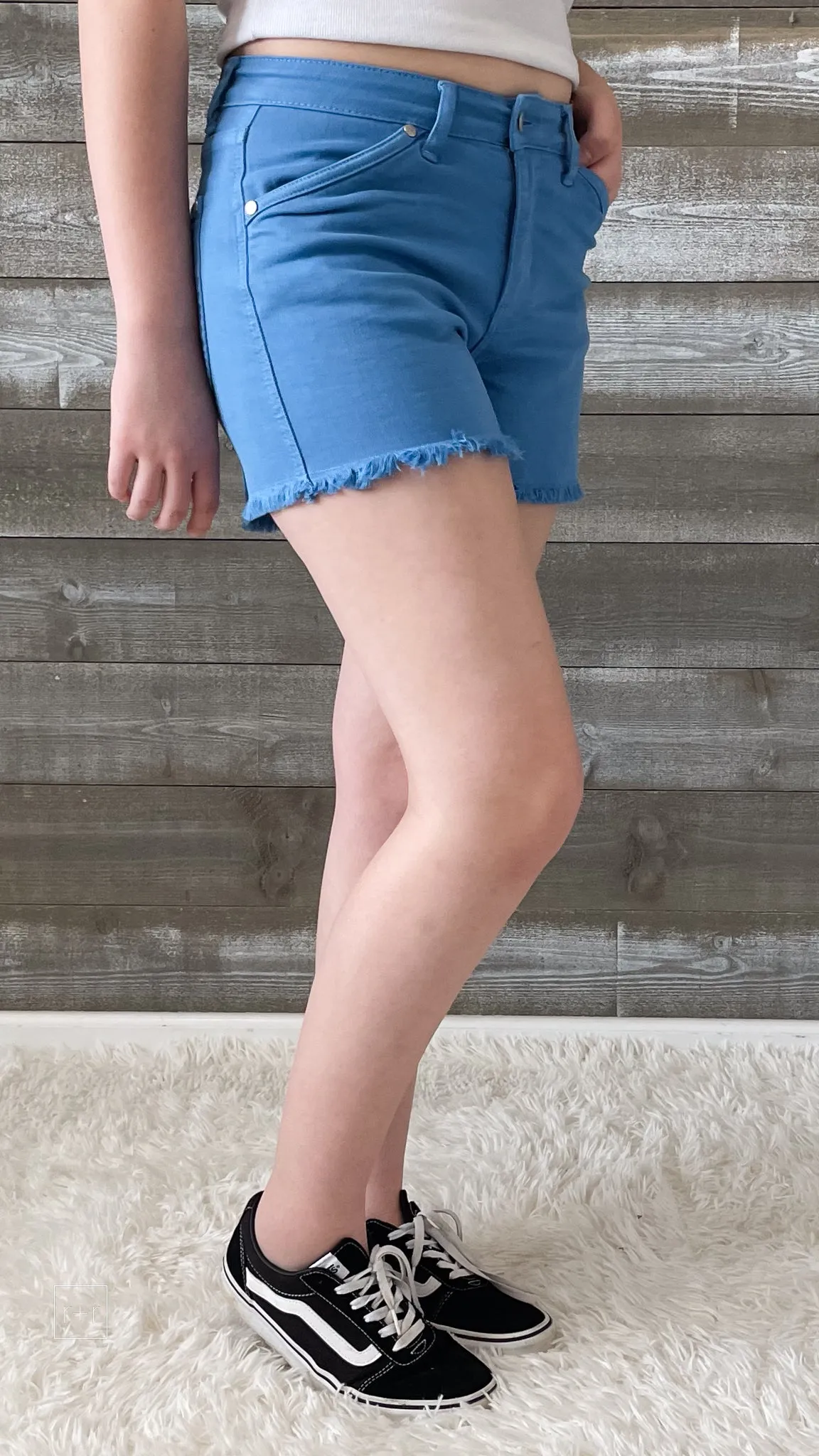 Judy Blue Mid Rise Sky Blue Garment Dyed Shorts with Shield Pockets