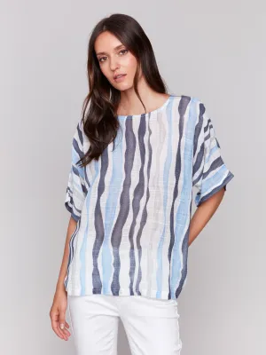 Printed Cotton Gauze Dolman Blouse - Surf