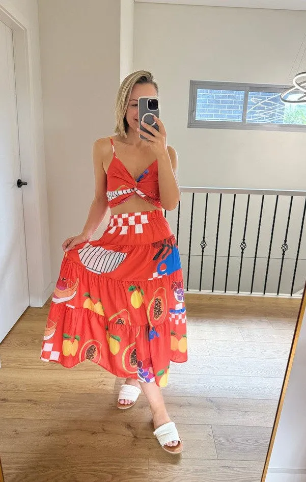 Red Papaya Checks Top Skirt Set