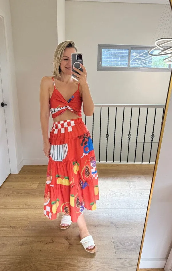 Red Papaya Checks Top Skirt Set