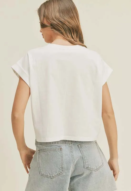 Round Neck Cuffed Sleeve Top - Off White