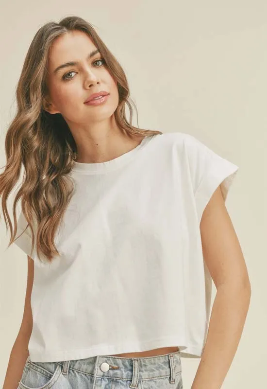 Round Neck Cuffed Sleeve Top - Off White