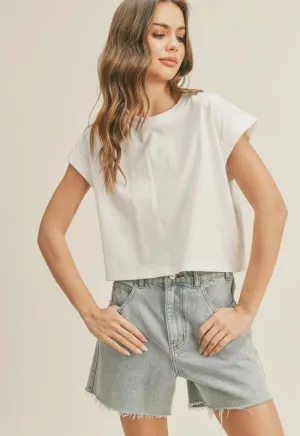 Round Neck Cuffed Sleeve Top - Off White