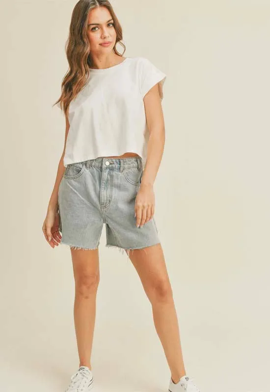Round Neck Cuffed Sleeve Top - Off White