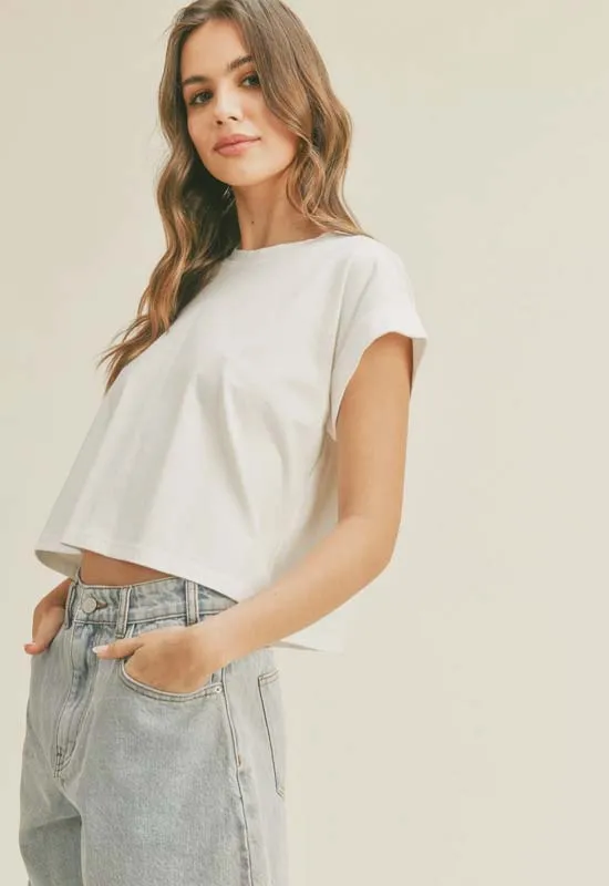 Round Neck Cuffed Sleeve Top - Off White
