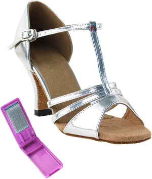 Very Fine Dance Shoes - Ladies Latin, Rhythm, Salsa Ballroom Dance Shoes - 1683-2.5-inch Heel and Foldable Brush Bundle - Silver Leather - 10