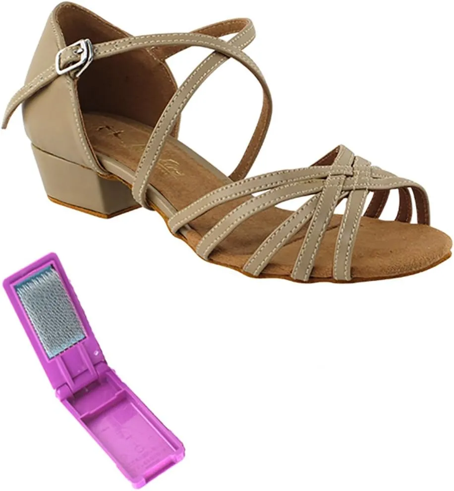 Very Fine Dance Shoes - Ladies Practice, Cuban Low Heel, Waltz, Wedding Dance Shoes - 1670FT - 1-inch Heel and Foldable Brush Bundle - Tan PU - 9.5