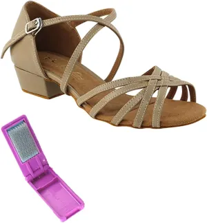 Very Fine Dance Shoes - Ladies Practice, Cuban Low Heel, Waltz, Wedding Dance Shoes - 1670FT - 1-inch Heel and Foldable Brush Bundle - Tan PU - 9.5