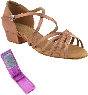 Very Fine Dance Shoes - Ladies Practice, Cuban Low Heel, Waltz, Wedding Dance Shoes - 1670FT - 1-inch Heel and Foldable Brush Bundle - Tan Satin - 5.5