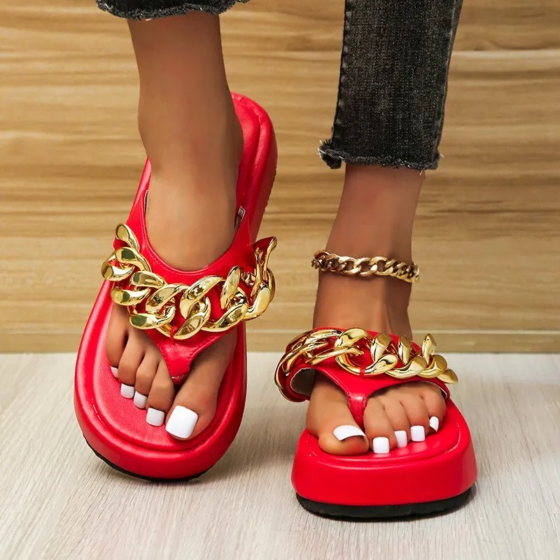 Vintage Metal Chain Red Platform Flip-Flops Summer Sandals