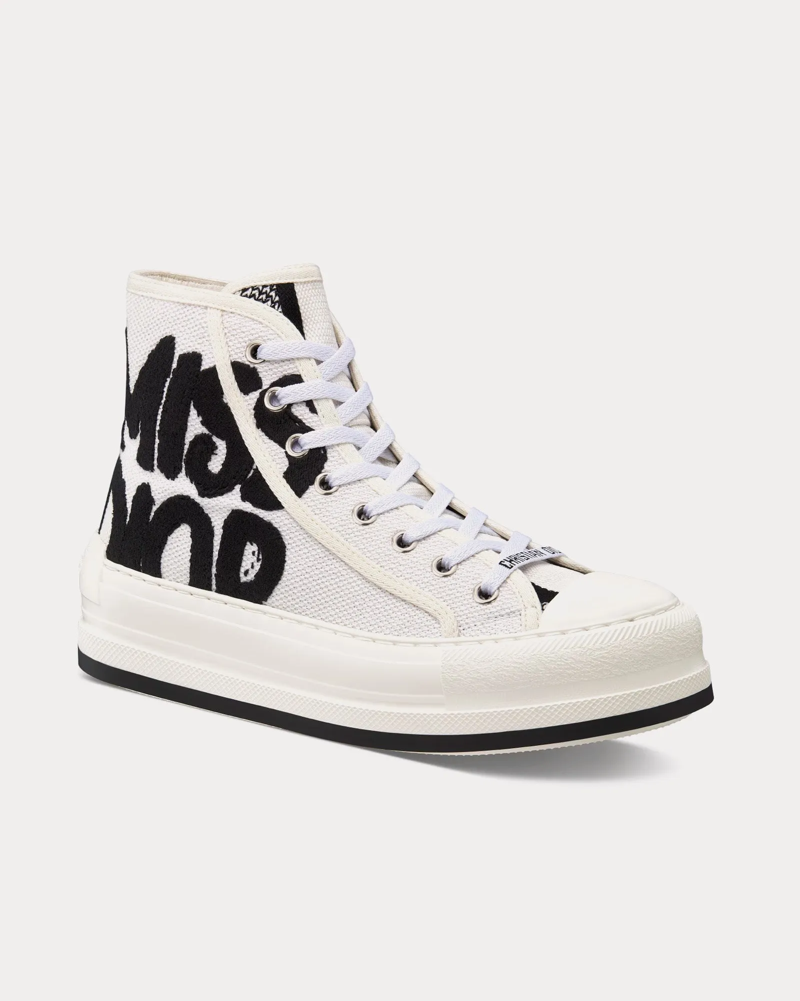 Walk'n'Dior Platform White and Black Embroidered Cotton High Top Sneakers