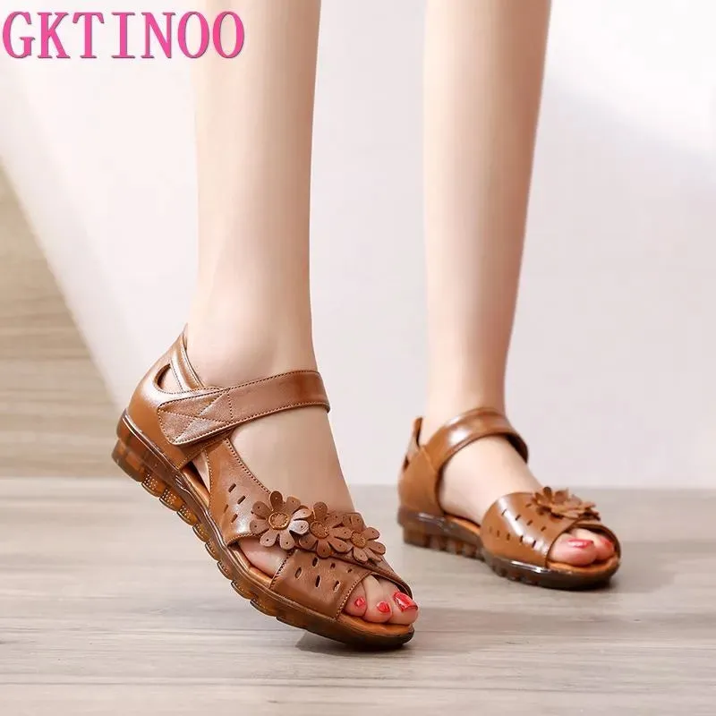 Women's Cute Sandals Genuine Leather Peep Toe Ladies Sandals Summer Shoes Low Heel Hook & Loop & Loop Soft Comfortable Flat Contour Walking Sandals