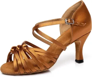 Women's Fashion Peep Toe Satin Ballroom Rumba Party Wedding Practice Professional Dance Shoes Bronze US 10