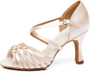 Women's Fashion Peep Toe Satin Ballroom Rumba Party Wedding Practice Professional Dance Shoes Nude US 10