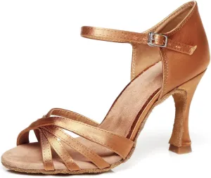 Women's Fashion Peep Toe Satin Ballroom Tango Party Wedding Promal Practice Professional Dance Shoes Bronze US 5