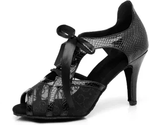 Women's Peep Toe Lace-up Ties Synthetic Ballroom Tango Party Wedding Practice Dance Shoes Black US 6.5