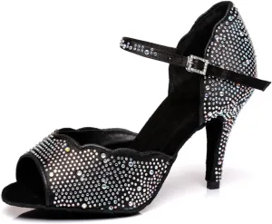 Women's Sparkle Rhinestones Peep Toe Satin Ballroom Modern Rumba Party Wedding Performence Dance Shoes Black US 6.5